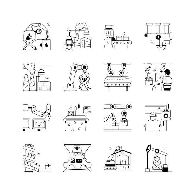 Este conjunto de iconos representa varios aspectos de la automatización industrial y los procesos de fabricación