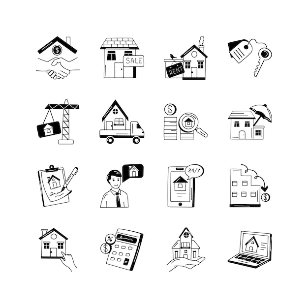 Este conjunto de iconos representa varios aspectos del mercado inmobiliario, incluida la compra, venta y alquiler.