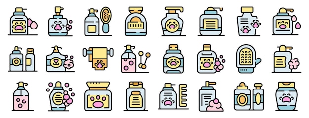 Este conjunto de iconos representa varios productos utilizados para el aseo del gato, incluidos champúes, acondicionadores, cepillos y peine