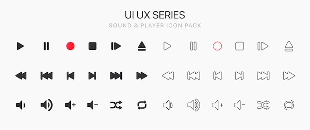 Conjunto de iconos de reproductor multimedia. control de audio de música multimedia. reproducir, pausar, saltar, detener iconos.