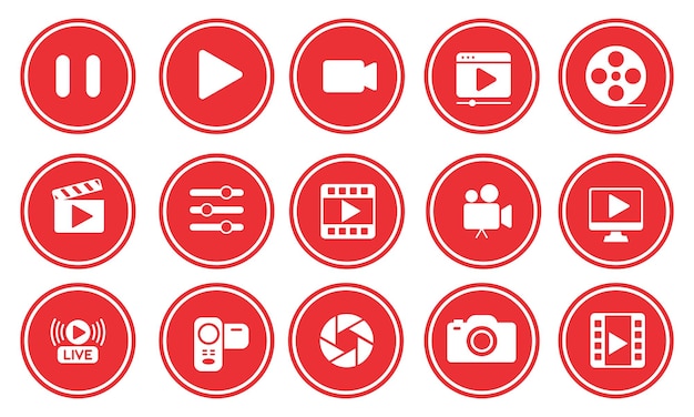 Conjunto de iconos de reproductor de video que contiene el botón de reproducción o inicio, la cámara de medios, la pausa o la parada, el cine en vivo