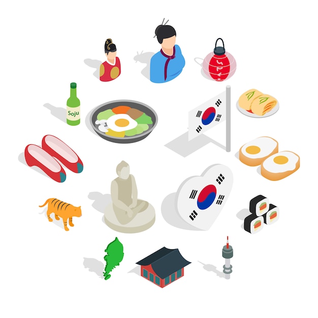 Vector conjunto de iconos de la república de corea, 3d isométrico ctyle