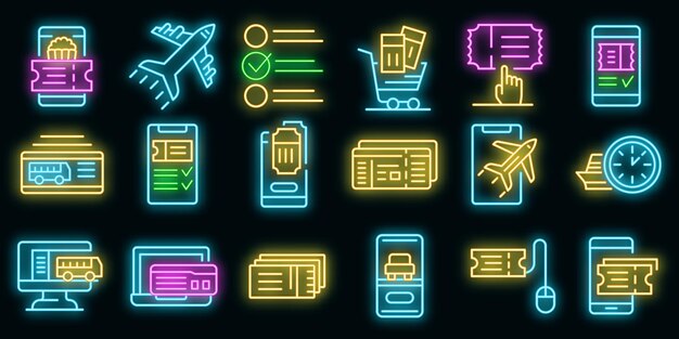 Conjunto de iconos de reserva de entradas en línea. Esquema conjunto de boletos en línea reservando iconos vectoriales de color neón en negro