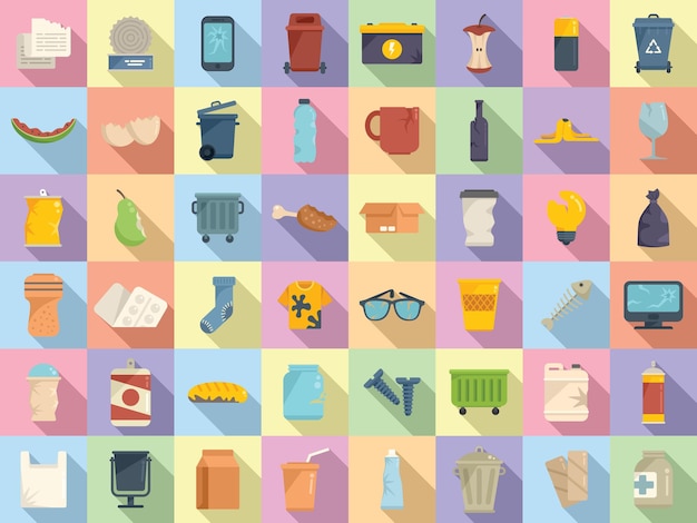 Conjunto de iconos de residuos vector plano. comida basura