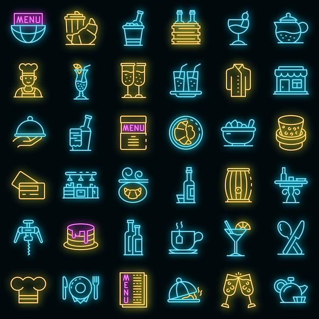 Vector conjunto de iconos de restaurador. conjunto de esquema de color neón de los iconos de vector de restaurador en negro