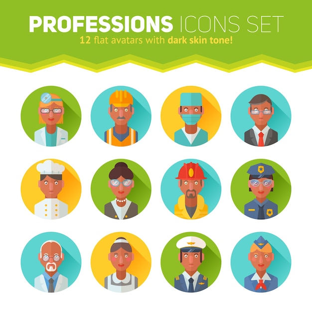 Vector conjunto de iconos de retratos planos con personas de diferentes profesiones