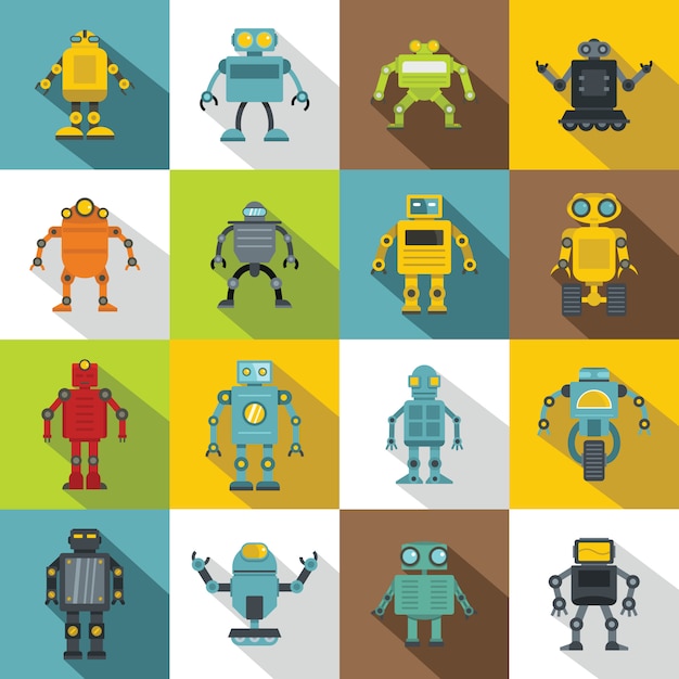 Conjunto de iconos de robot, estilo plano