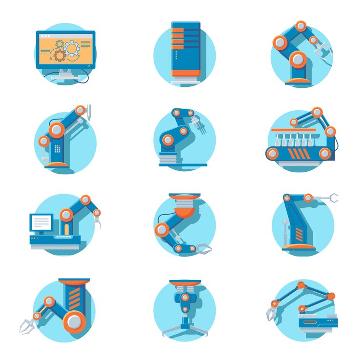 Vector conjunto de iconos de robot industrial automático