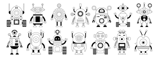 Conjunto de iconos de robots lineales en blanco y negro aislados sobre un fondo blanco Caracter Inteligencia Artificial Concepto Ilustración vectorial plana