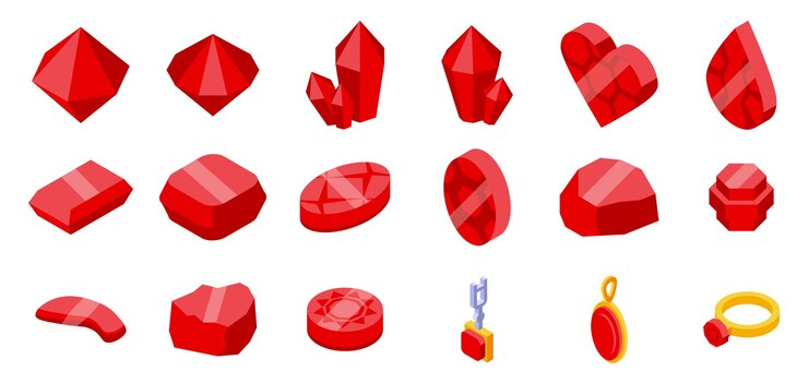 Vector conjunto de iconos de roca de rubí vector isométrico piedra preciosa mágica cristal mineral