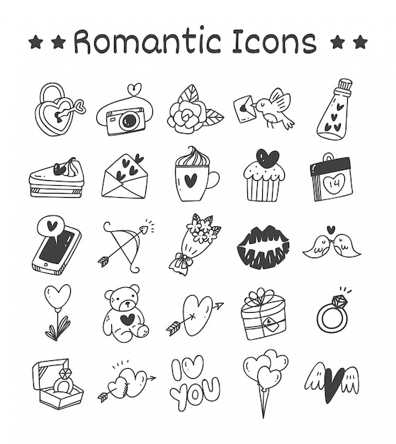 Conjunto de iconos románticos en estilo Doodle