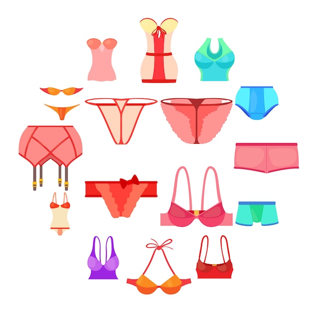 Vector conjunto de iconos de ropa interior color, estilo de dibujos animados