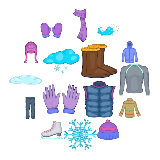 Vector conjunto de iconos de ropa de invierno, estilo de dibujos animados