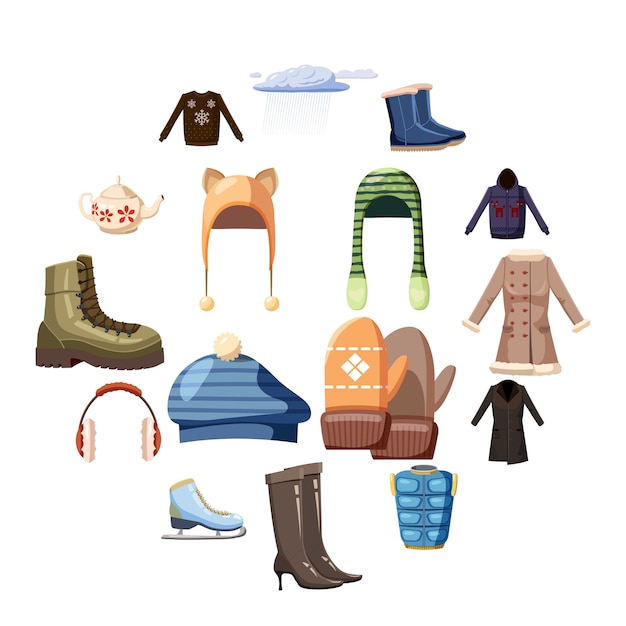 Conjunto de iconos de ropa de invierno, estilo de dibujos animados