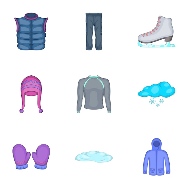 Conjunto de iconos de ropa de invierno, estilo de dibujos animados