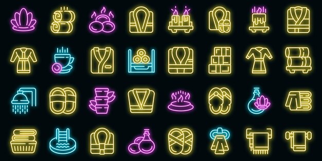 Conjunto de iconos de ropa de spa contorno vector Rob baño vector neón
