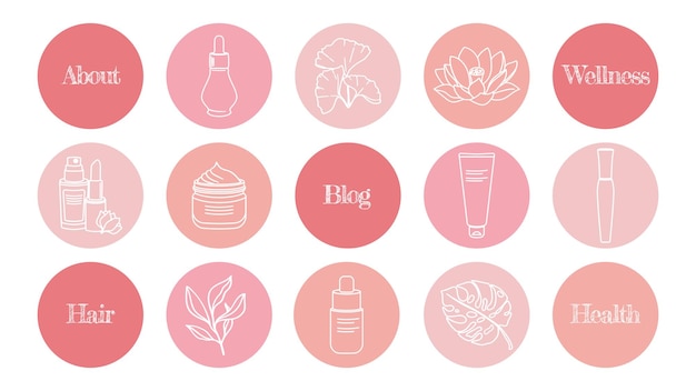 Un conjunto de iconos rosados simples de tonos naturales destacados para un blog sobre medicina cosmética y salud mental