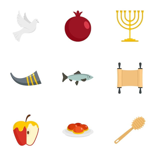 Conjunto de iconos de Rosh Hashaná. Conjunto plano de 9 iconos de vector de rosh hashanah
