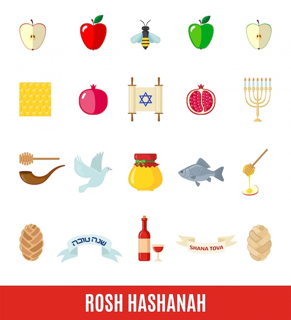 Vector conjunto de iconos de rosh hashaná en estilo plano.