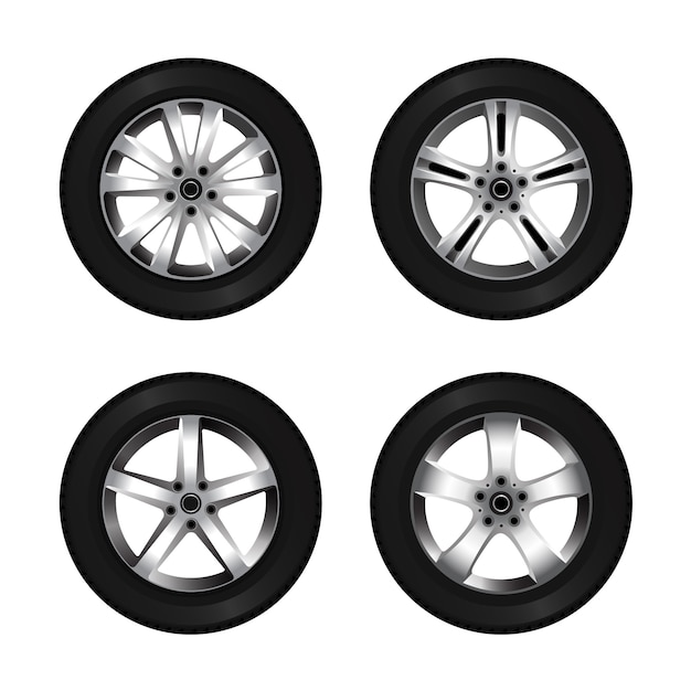 Conjunto de iconos de rueda y neumático. Disco de coche brillante