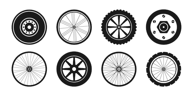 Conjunto de iconos de ruedas negras Ruedas de bicicletas, automóviles y motocicletas Ilustración vectorial