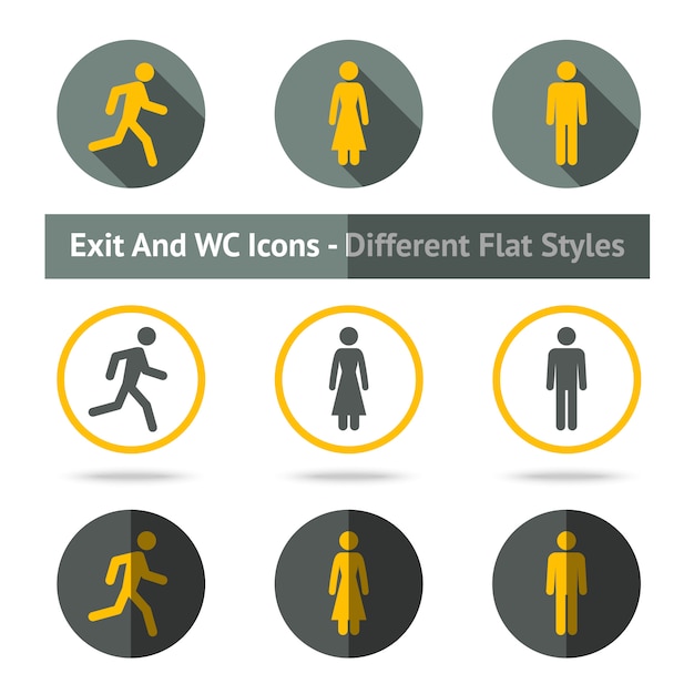 Conjunto de iconos de salida y WC. En diferentes estilos planos.