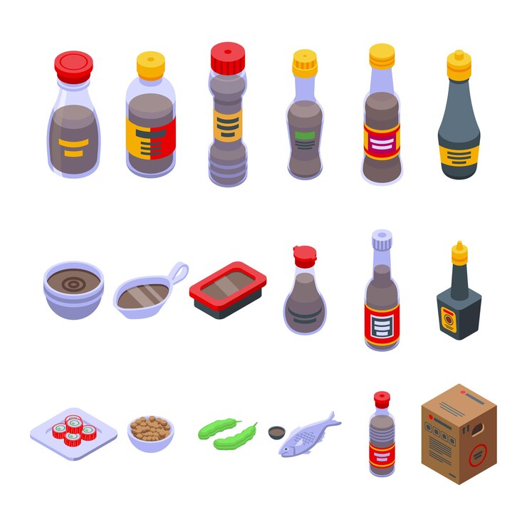 Vector conjunto de iconos de salsa de soja. conjunto isométrico de iconos de vector de salsa de soja para diseño web aislado sobre fondo blanco