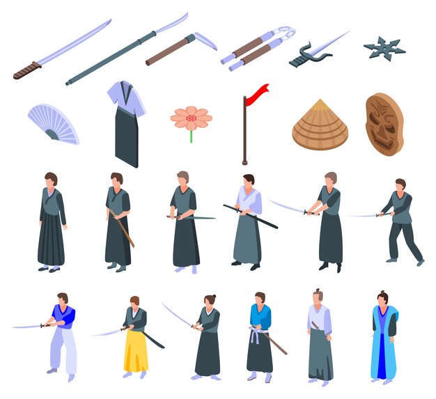 Conjunto de iconos Samurai, estilo isométrico