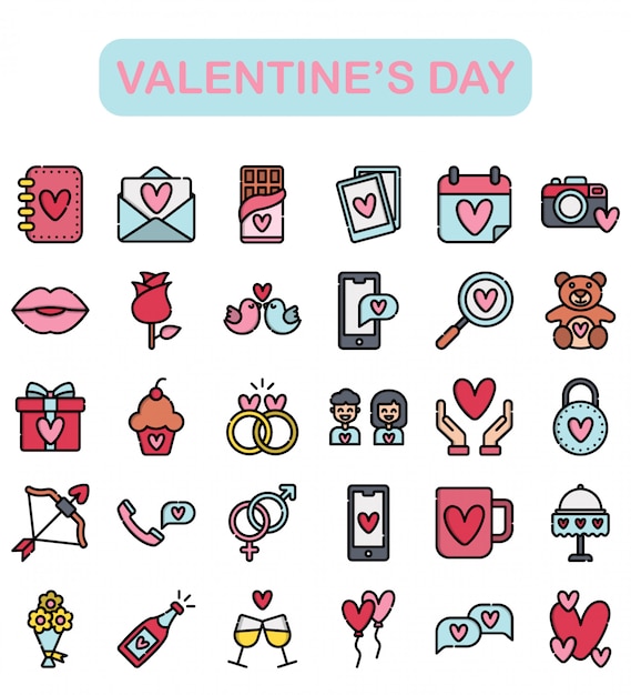 Conjunto de iconos de san valentín, estilo de color lineal premium