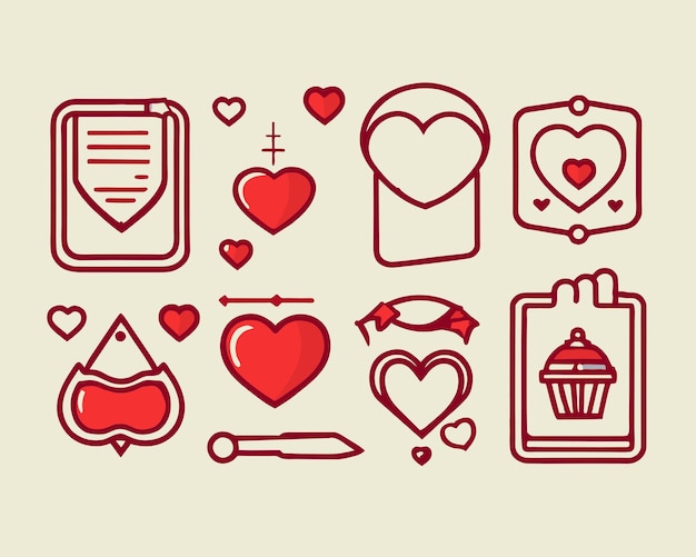 Conjunto de iconos de San Valentín con forma de corazón colorido dibujado a mano