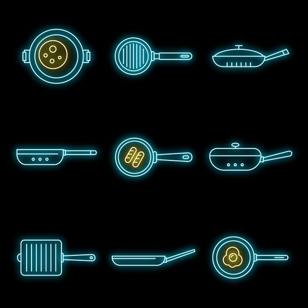 Conjunto de iconos de la sartén Conjunto de iconos vectoriales de la sartén color neón en negro
