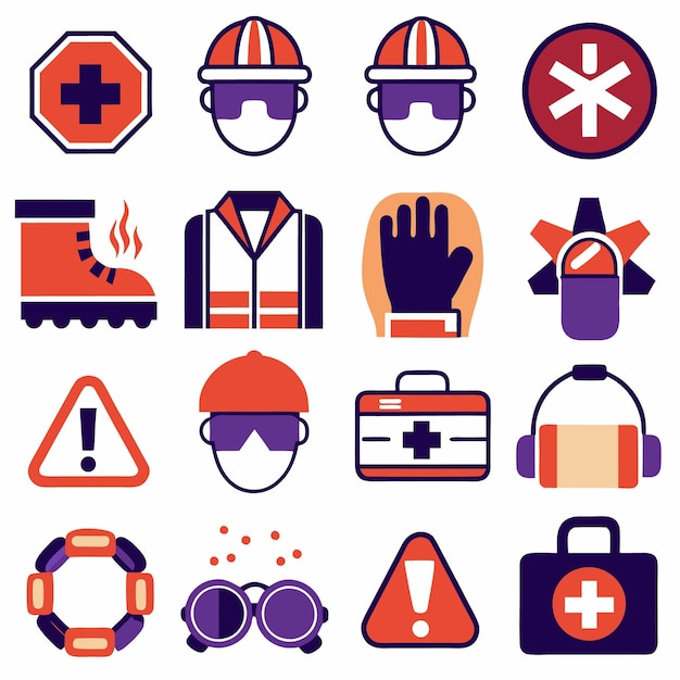 Conjunto de iconos de seguridad con advertencia de primeros auxilios y equipo de protección