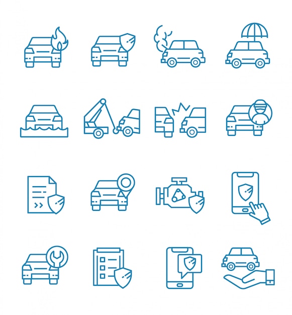 Conjunto de iconos de seguro de coche con estilo de contorno.