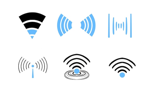 Conjunto de iconos de señal wifi dibujados a mano que muestran varias representaciones para la conectividad a Internet