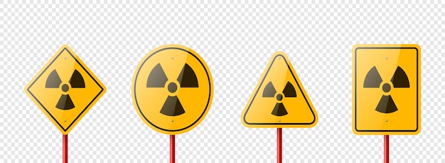 Vector conjunto de iconos de señales de radiación de peligro de advertencia amarilla de vector estación de energía nuclear aislada símbolo de advertencia radiactiva círculo rombo triángulo rectángulo colección de señales peligrosas plantilla de diseño