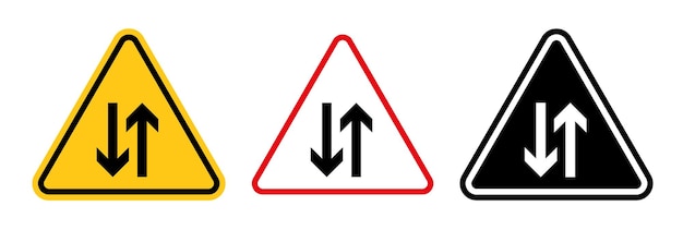 Conjunto de iconos de señales de tráfico bidireccionales Indicación del símbolo del vector de flujo de vehículos bidireccional en un estilo negro lleno y delineado Señal de gestión de tráfico y conciencia de dirección