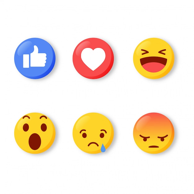 Conjunto de iconos de sentimiento emoji moderno. Reacciones de los medios sociales aisladas sobre fondo blanco.