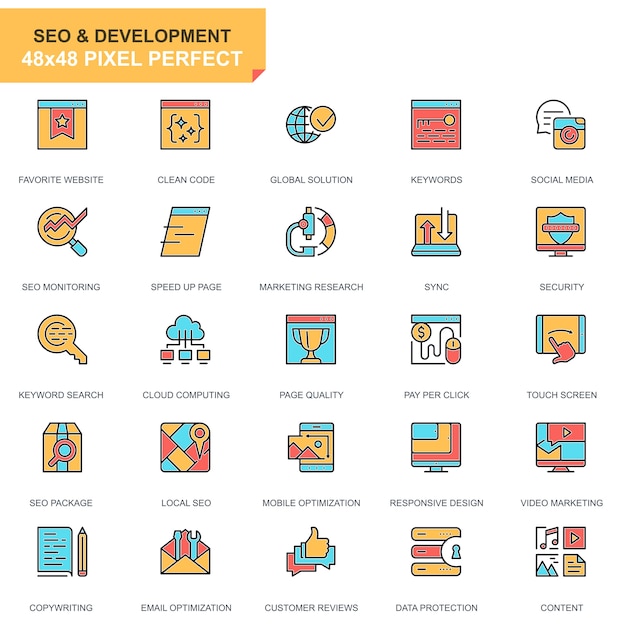Conjunto de iconos de seo y desarrollo de línea plana