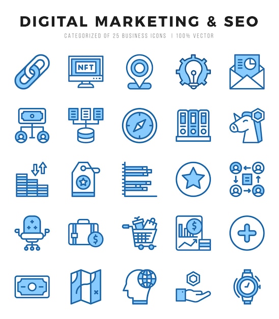 Conjunto de iconos de SEO de marketing digital Colección de iconos en dos colores