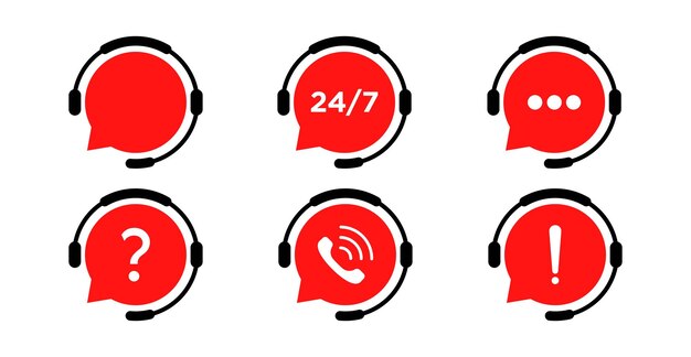 Conjunto de iconos de servicio al cliente con auriculares y símbolos de burbuja de voz para soporte de chat y alertas