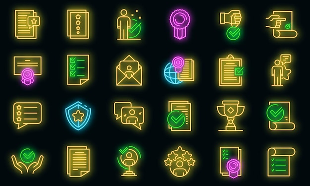 Conjunto de iconos de servicio de atestación. Esquema conjunto de iconos de vector de servicio de atestación color neón en negro