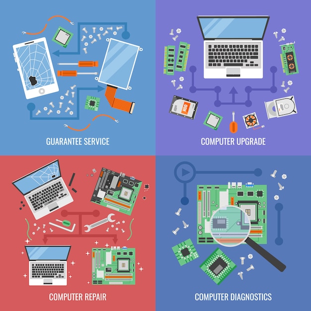 Conjunto de iconos de servicio de computadora con descripciones de servicio de garantía, actualización de computadora, reparación de computadora y diagnóstico, ilustración vectorial