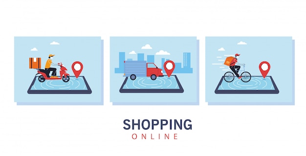 Conjunto de iconos de servicio de entrega, transporte y logística de compras digitales