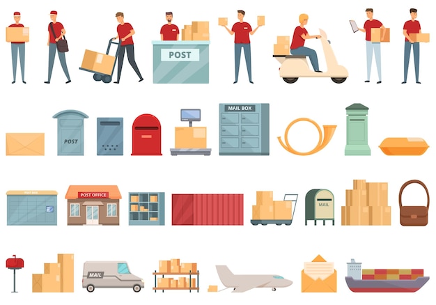 Conjunto de iconos de servicio postal vector de dibujos animados Oficina de correo
