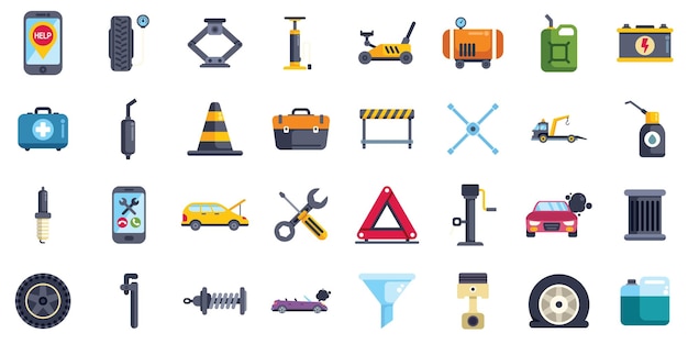Conjunto de iconos de servicio y reparación de automóviles con varios equipos y herramientas
