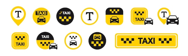 Conjunto de iconos de servicio de taxi Marca pin del mapa del coche de taxi Señales amarillas del lugar de la parada de taxi Vector ESP 10