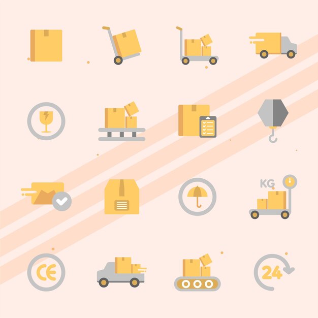 Un conjunto de iconos para servicios de entrega que muestran paquetes, vehículos y elementos logísticos