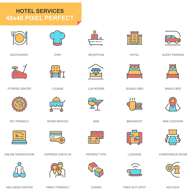 Conjunto de iconos de servicios de hotel de línea plana