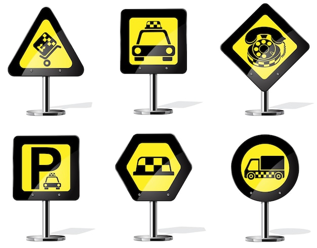 Conjunto de iconos de servicios de taxi. Señal de advertencia de carretera amarilla