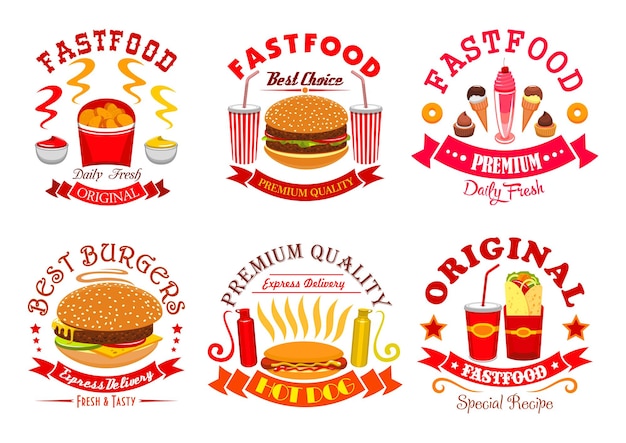 Conjunto de iconos de signos de menú de postres de bocadillos de comida rápida
